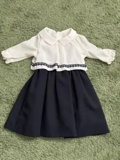 [送料込]110cm 襟付き白ネイビー長袖ワンピース