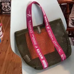 ピーナッツカフェ限定SNOOPYメッシュトートバッグピンク×カーキPEANUTS