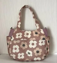 チューリップトートバッグ　ピンク　北欧調花柄　前ポケット付　ハンドメイド