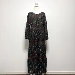 KBF シースルー　シアー　プリーツ　花柄　ロングワンピース