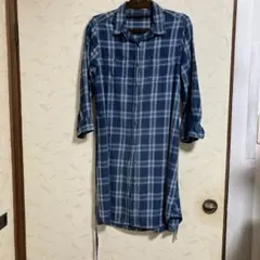 青系チェック柄 長袖シャツワンピース レディース
