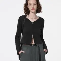 リブダブルジップカーディガン　ブラック