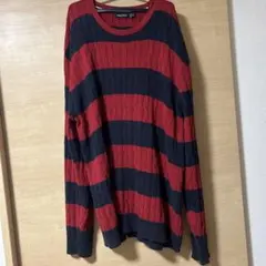 オーバーサイズ ケーブル編みニット 赤黒ストライプ Nautica
