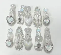 匿名発送 ポイント キラキラデコロングネイルチップ ホワイト②