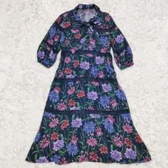 ​極美品 グレースコンチネンタル ボウタイフラワープリントワンピース 紺 36