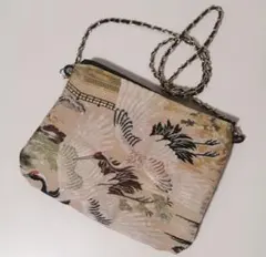 鶴　花柄｜着物帯リメイク ミニショルダーバッグ・ポーチ・サコッシュ