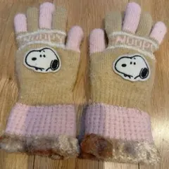 スヌーピー ニット手袋 ベージュ ピンク