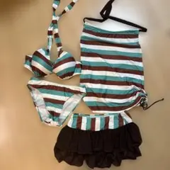 茶色と水色のストライプセパレート水着セット　ＸＬ
