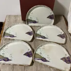 E-1 【極美品】高級 和食器 半月皿 5枚セット 金銀彩 和紙風お正月 銘々皿