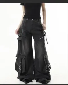mushwear ダメージ加工オーバーサイズカーゴデニムパンツ