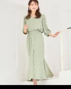 10990円4wayミモレ丈ハイウエストフレアスカートブラウスセットアップ7分袖