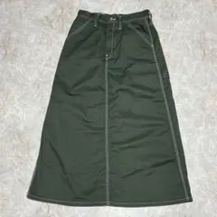 ユニバーサルオーバーオール ロングスカート ダークグリーン スリット ステッチ