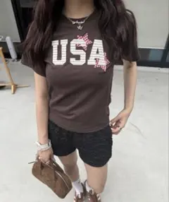 Soup USAロゴ半袖Tシャツ　ブラウン