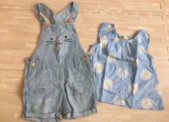 ★H&M ネコサロペットデニムオーバーオール &花柄ブラウス 90 92