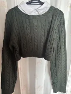 オリーブグリーン クロップドニット