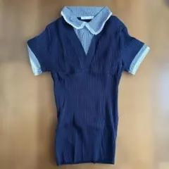 ZARA ネイビー 半袖トップス チェック襟