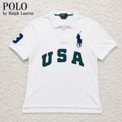 90s ポロバイラルフローレン ポロシャツ ビッグポニー USA 白 青 M相当