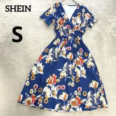 シーイン　SHEIN 花柄ワンピース 半袖 ネイビー S マキシ丈　大人可愛い