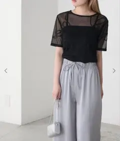 タイムセールforksy.　ニュアンス柄コード刺繍シアー半袖Tシャツ　秋服
