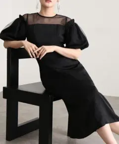 ★新品★ミモレ丈 ヴィンテージ風サテン パフスリーブドレス ブラック M