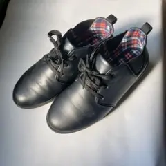 黒 フェイクレザーシューズ チェック柄 24cm レディース