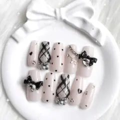 【397】現品ネイルチップ スナ系　ワンホン　フレンチガーリー　チェック　黒