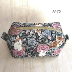 ハンドメイド＊BOXポーチ＊猫柄＊フラワー＊ピンク＊グリーン