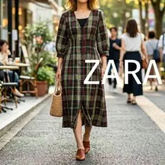 ZARA trf ザラ チェック柄ロングワンピース Mサイズ 綿100%のサムネイル