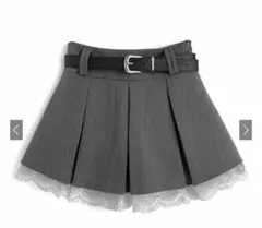 インパン&ベルト付き裾レースプリーツミニスカート[ks142]