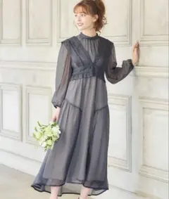 レースベスト付きオーガンジー&チュールハイネックフレア　オケージョンドレス