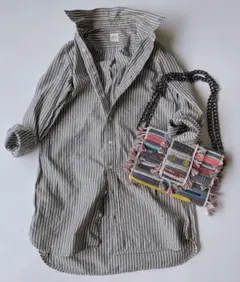 ビーミングバイビームス 長袖 ストライプミニシャツワンピース ブルー系