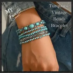 ヴィンテージ　5連　ブレスレット２　天然石風ターコイズ　ナホバ族　ビーズ