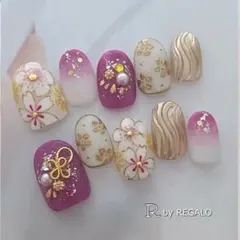 サイズオーダー制　成人式　卒業式　和柄　和風　赤紫　お花　袴　振袖ネイル