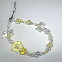 ビーズストラップ ビーズキーホルダー 黄色 花 リボン