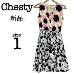【エル様】チェスティ 花柄 フレアワンピース ひざ丈 リボン付 白 黒 ピンク