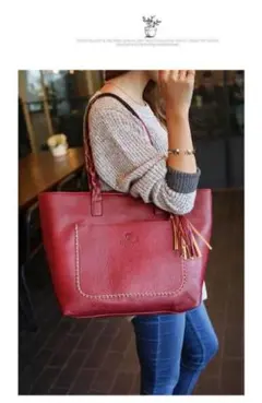 赤いレザー トートバッグ 編み込みハンドル　マザーズバッグ