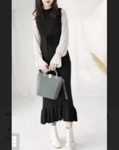 【グレイル/GRL】ウエストリボン付き袖異素材リブニットワンピースMブラック