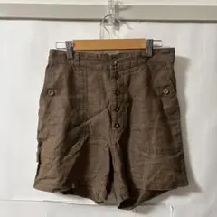 「即日発送」S ブラウン リネン風 ショートハーフパンツ ボタンフロント