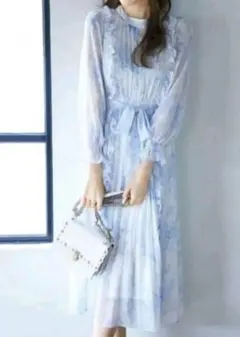 りぼん付きサイドフリル装飾クラシカルアートプリントプリーツワンピース 　ブルー
