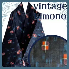 ヴィンテージ◆着物　節紬　正絹　広衿　袷　濃藍　ざっくり　昭和レトロ　絣