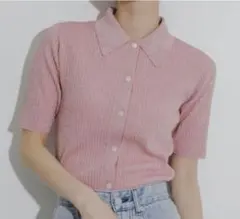 ピンク リブ編み 半袖シャツ