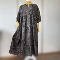 着物リメイク　和モダンアートワンピース 大島紬　希少柄　茶系