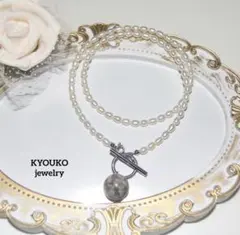 本真珠　淡水パール　ホワイトライス、ペトラファイドクリノイド　マンテルネックレス