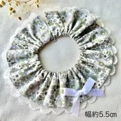 【送料無料・匿名配送】猫　首輪　フリルスタイ　ゴム　ブルーグレー　花柄　5.5