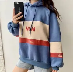 大人気 パーカー フード スウェット オーバーサイズ 裏起毛 韓国 ブルー