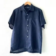 無印良品 麻100% 半袖開襟シャツ M ネイビー リネン 艶感のサムネイル