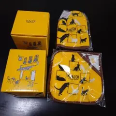 KALDI　2021紅茶の日フタ付マグカップ+2019猫の日ミトン&鍋敷きセット