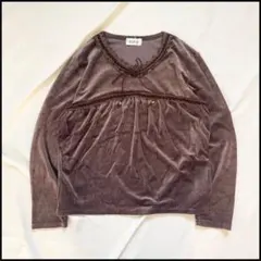 ベロア調 ブラウン レースリボン 長袖トップス 森ガール フェアリーグランジ