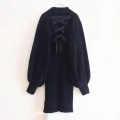 e 未使用 ミシェルマカロン ニットワンピース リボン リブ ベロア 姫系 黒