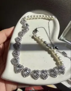 ハート型クリスタルとパールのネックレスセット no box